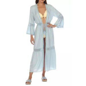 Raviya Women's Open Front Lace Inset 3/4 Sleeve Cover-Up Size S Blue Stretch